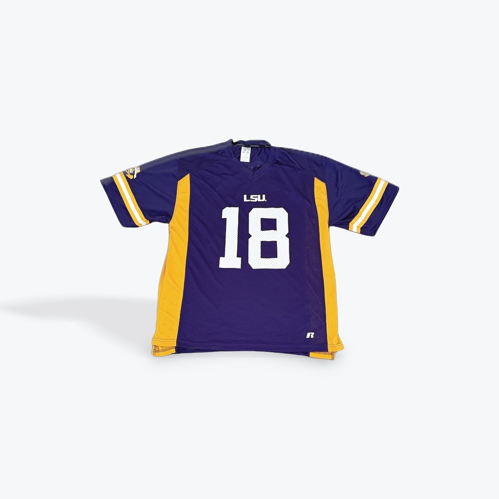 Russell Athletic LSU Tigers Jersey Men Large Purple Gold Football 18 Mesh V-Neck